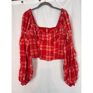 Free People Cherry Bomb plaid balloon sleeves cropped top coquette feminine